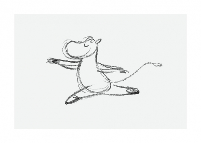  – Sketch of Snorkmaiden from Moominvalley jumping gracefully, against a light grey background