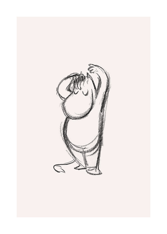  – Sketch of the Moominvalley character Snorkmaiden who's fixing her fringe, drawn on a light pink background