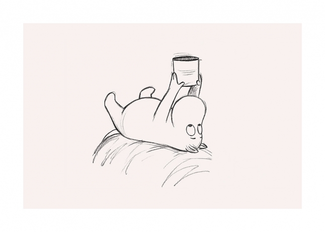  – Sketch on a light pink background of the Moomintroll laying down with a jar held above him