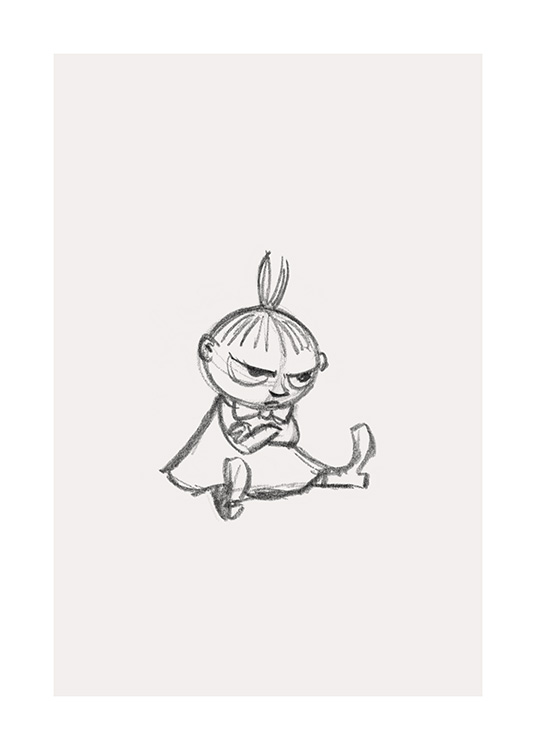  – Graphite sketch of the Moominvalley character Little My who's sitting with her arms crossed