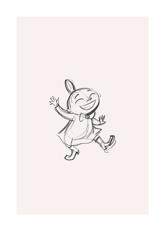  – Sketch in graphite of Little My from Moominvalley, dancing and smiling