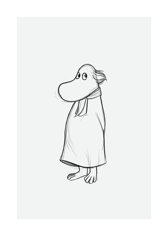  – Sketch of the Moominvalley character Hemulen with his hands behind his back, drawn on a light grey background