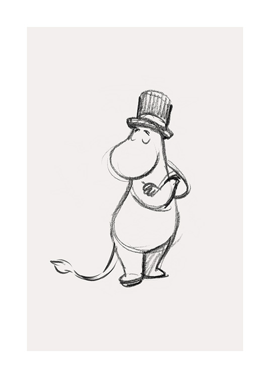  – Sketch on a light beige background of the Moominvalley character Moominpappa in a hat