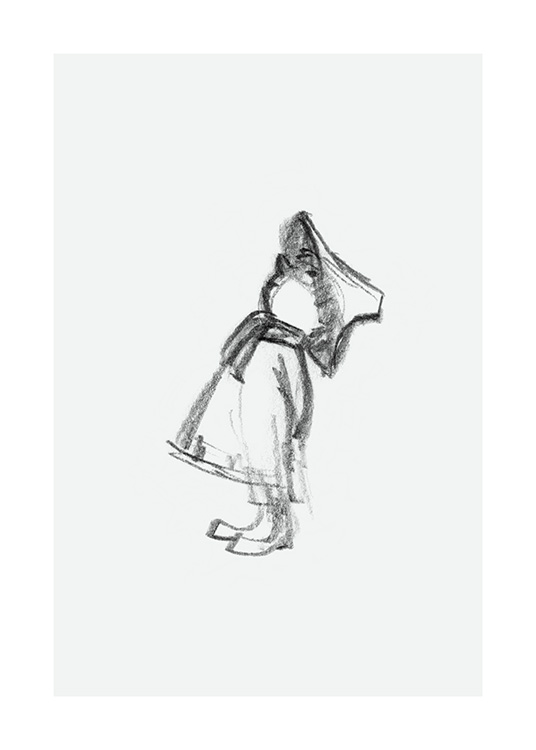  – Sketch of the Moominvalley character Snufkin who's looking up with his hands on his back