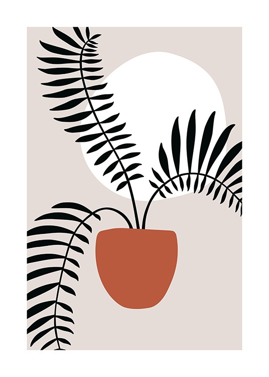  – Graphic illustration of an orange pot with three black plants in it and a white circle in the background