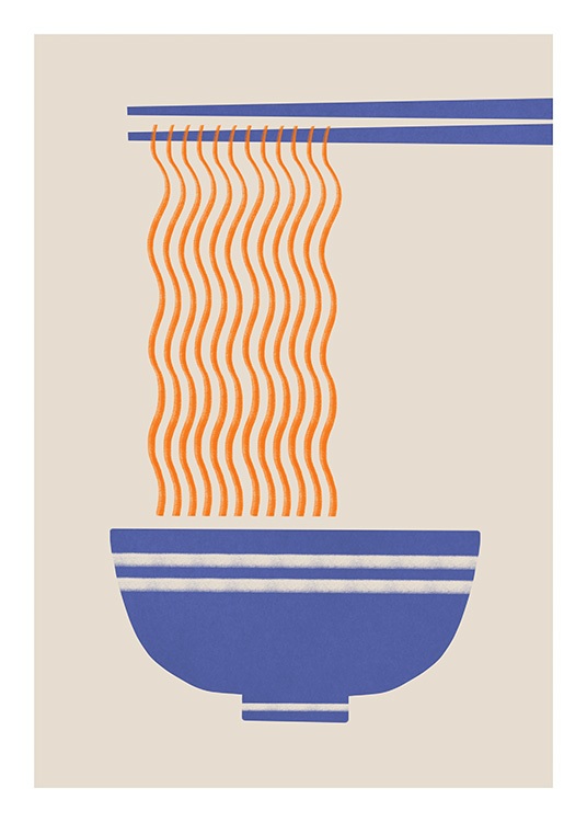  – Graphic illustrations of orange noodles and blue chopsticks and a blue bowl