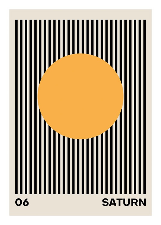  – Graphic illustration with black stripes on a beige background and an orange circle in the middle