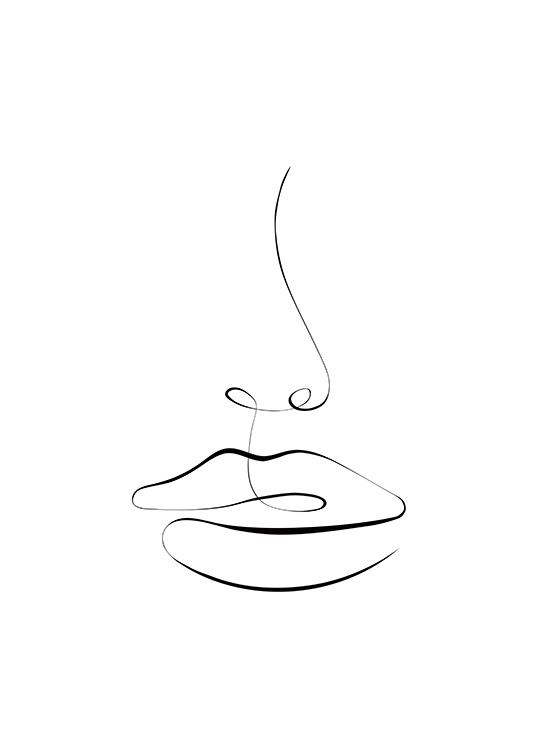  - Line art illustration with abstract drawing of a pair of lips and a nose