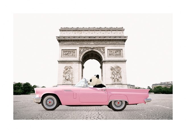  - Photograph of a panda driving a pink card in front of the Triumph Arc in Paris