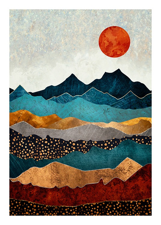  - Graphical illustration with a colorful mountain landscape and a red sun in the background