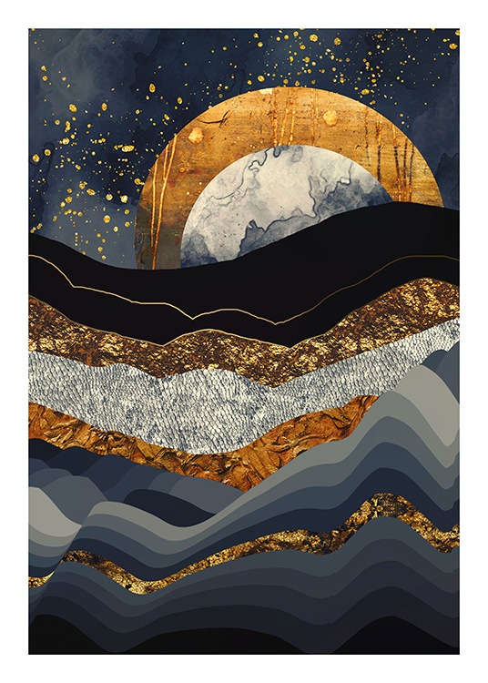  - Graphical illustration of a blue mountain landscape with a gold moon in the background
