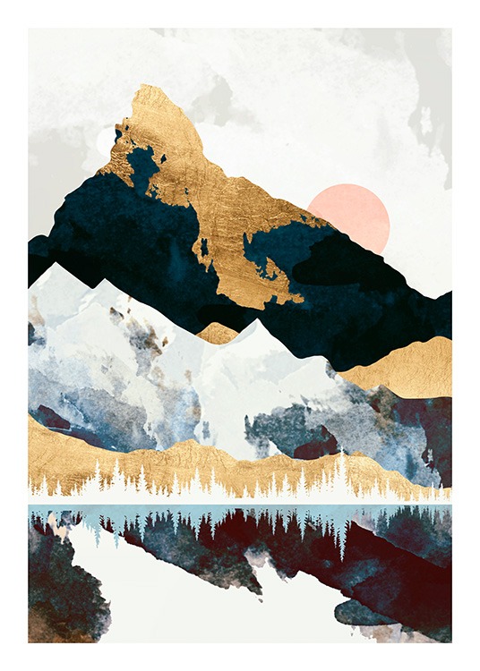  - Graphical illustration of a landscape with mountains and a moon reflecting in a lake