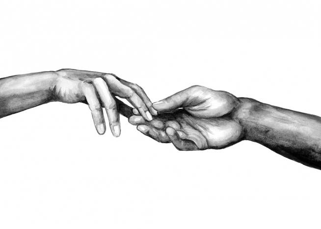  - Black and white watercolor painting of two hands reaching for each other