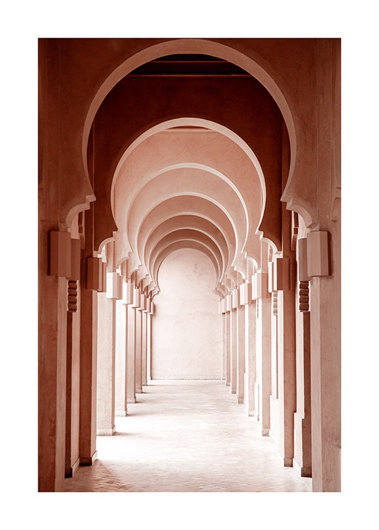  - Photograph of pink, curved arches in a hallway with sunlight shining in