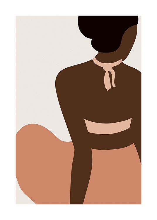 – Illustration of a woman sitting down in a pair of peach colored trousers and a bikini top