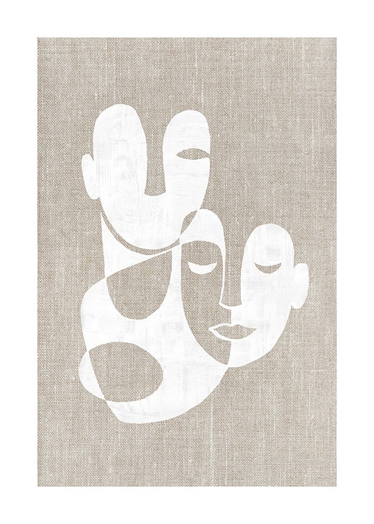  – Graphical illustration with abstract faces in white on a beige linen background