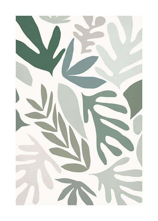  – Graphical illustration with grey, beige and green leaves on a light beige background