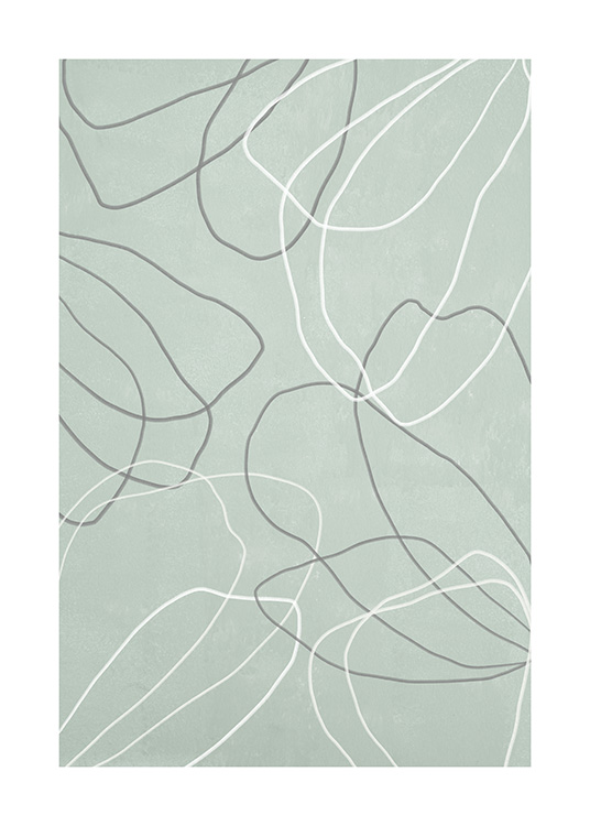  – Graphical illustration with flowers in line art, drawn in white and grey on a green background