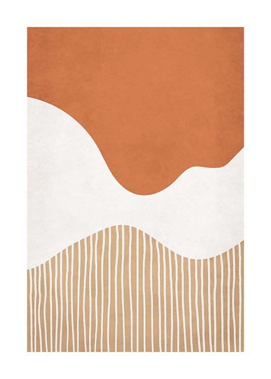  – Graphical illustration in orange, white and beige with abstract shapes and lines