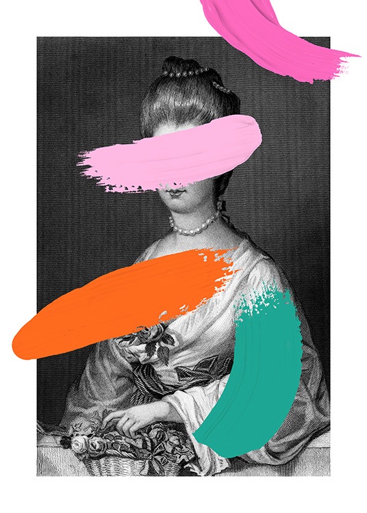  – Black and white photograph of a queen and paint splatters in turquoise, orange and pink