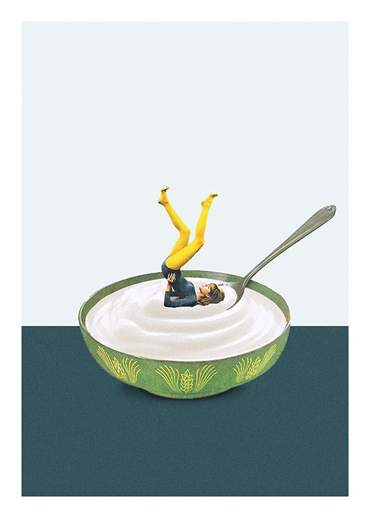  – Photograph of a woman in a bowl with yoghurt wearing yellow tights