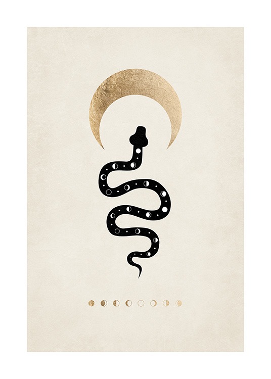  – Graphic illustration with moon phases and a half moon around a black snake