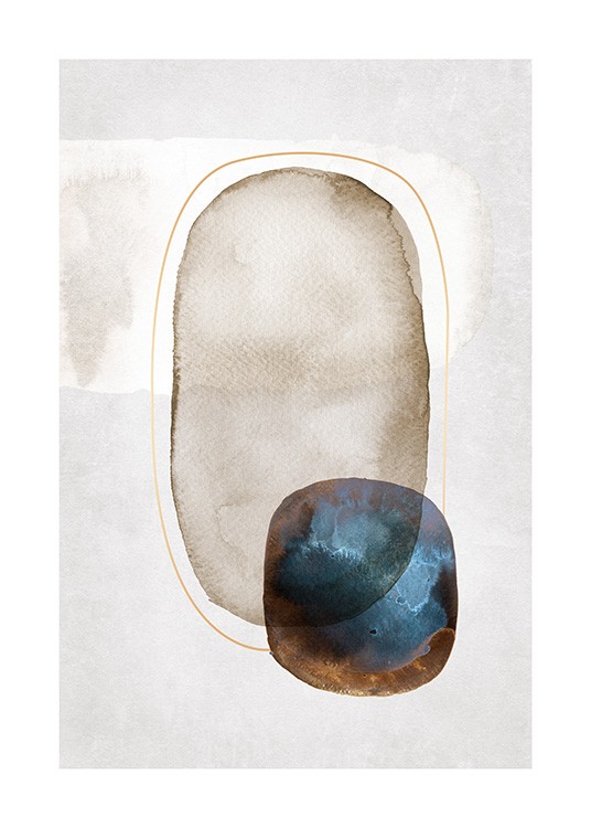  – Blue and beige shapes painted in watercolor, surrouned by a narrow gold line