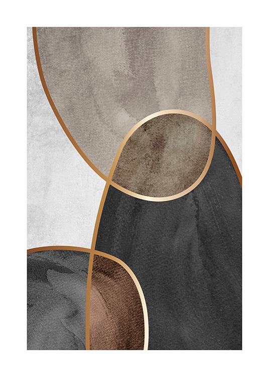  – Illustration with watercolor shapes in beige, brown and black, separated by gold lines