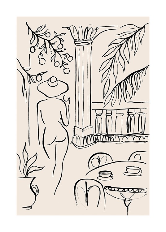 – Illustration of a veranda with a naked woman next to a table, with a pillar and plants in the background
