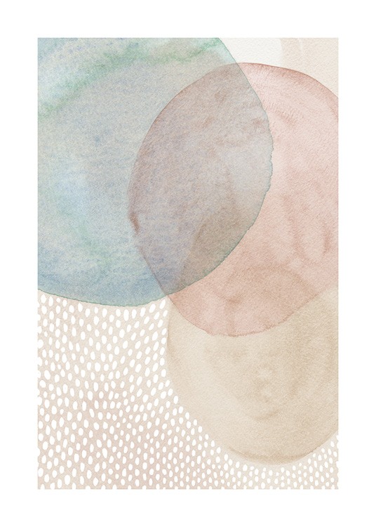 – Illustration with round shapes in beige, pink and blue with white spots in the background