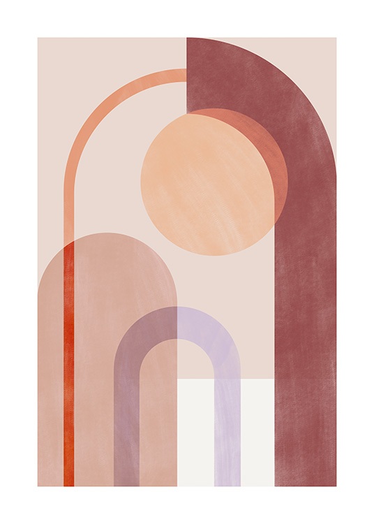  – Graphic illustration in shades of red, beige and purple with geometric shapes