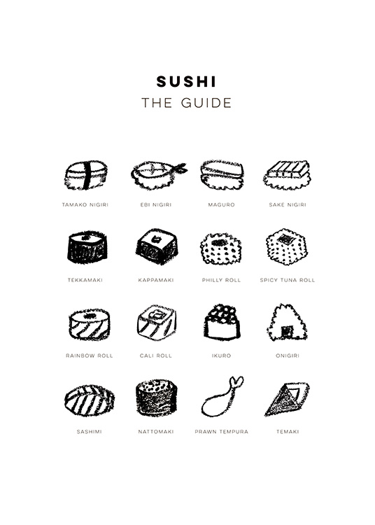  – Sushi types drawn in black, with their names written underneath them, and the text 