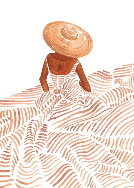  – Illustration in watercolor of a woman wearing a large dress with orange stripes and a sunhat