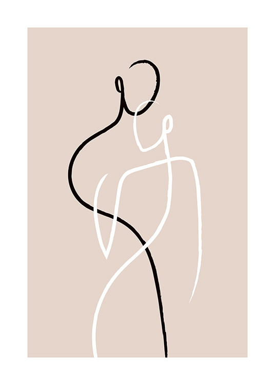  – Two bodies in black and white, painted with line art on a beige background