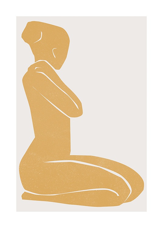  – Graphic illustration of woman painted in yellow, sitting on her knees