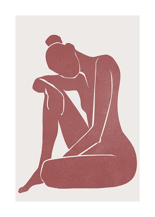  – Graphic illustration of a woman in dark red, sitting down with her arm on her knee