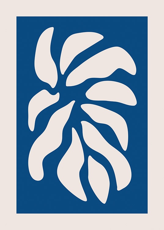  – Graphic illustration with petals in beige on a dark blue background surrounded by a beige border
