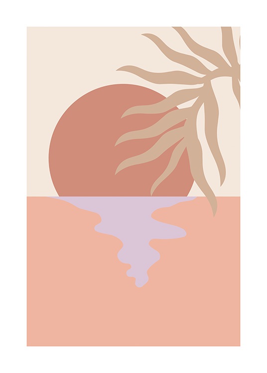 – Graphic illustration of beige palm leaves in front of a sunset