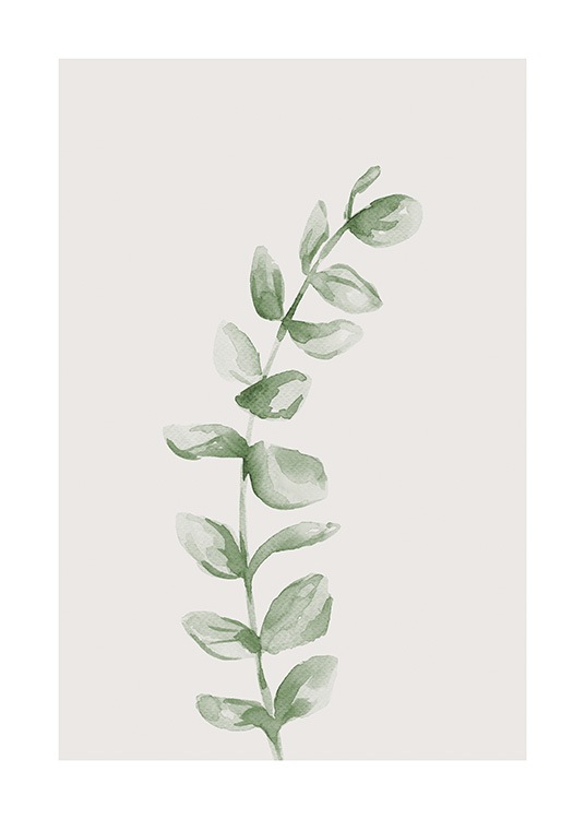  – Small, green leaves on a branch painted in watercolor against a light beige background