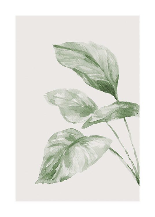  – Green leaves painted in watercolor against a light beige background