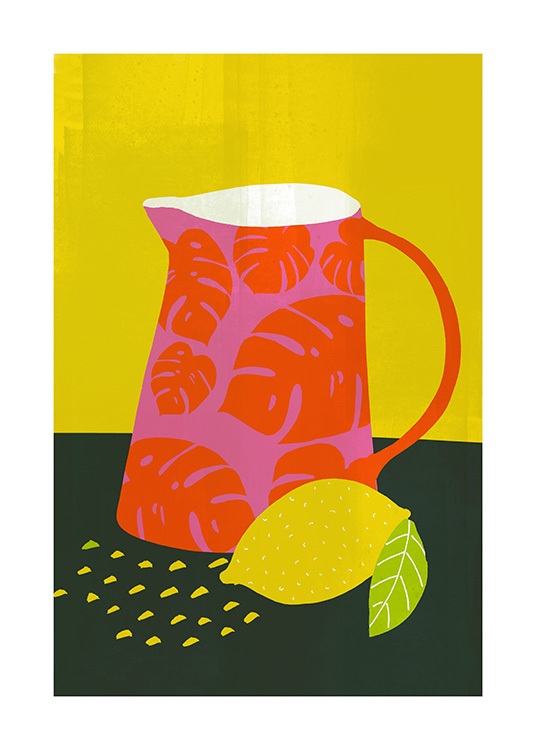  – Graphic illustration of a lemon in front of a pink and red jug, against a yellow background