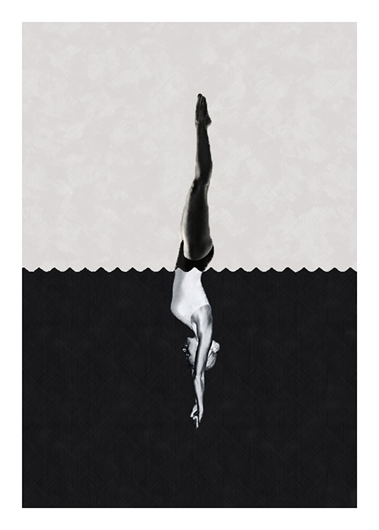  – A woman in a swimsuit diving into a black ocean with her legs against a beige sky
