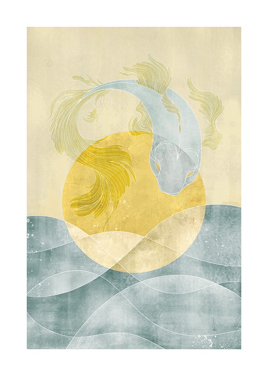  – Illustration of a fish in blue and yellow with an ocean and sun in the background