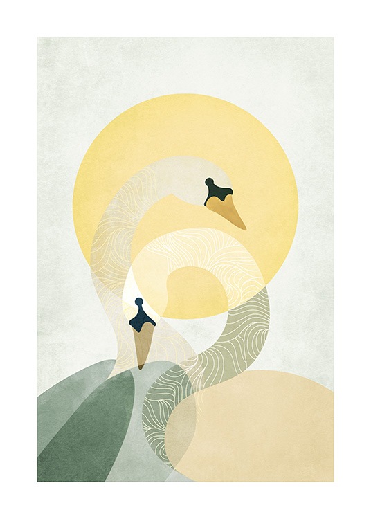  – Illustration with a couple of swans in front of a yellow sun
