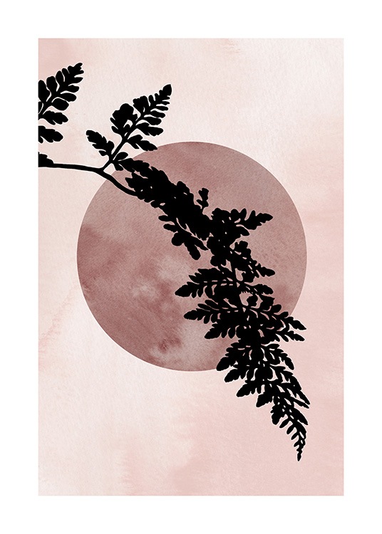 – Illustration with a dark pink circle behind a long, black fern leaf