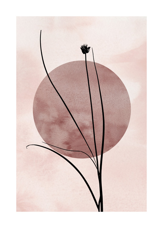  – Illustration with grass straws in black on a pink background, with a dark pink circle in the middle