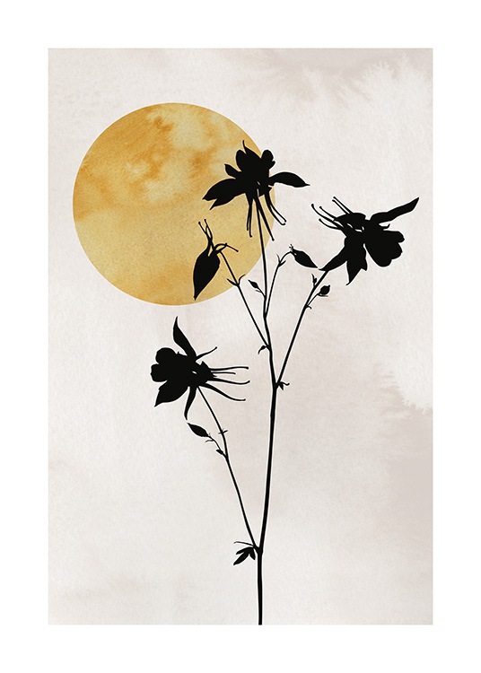  – Illustration with small, black flowers on a beige background with a yellow sun in the corner