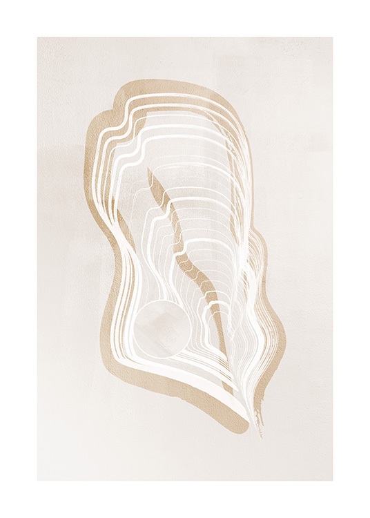  – Illustration with beige and white lines forming a vibrating shape, with a circle on it