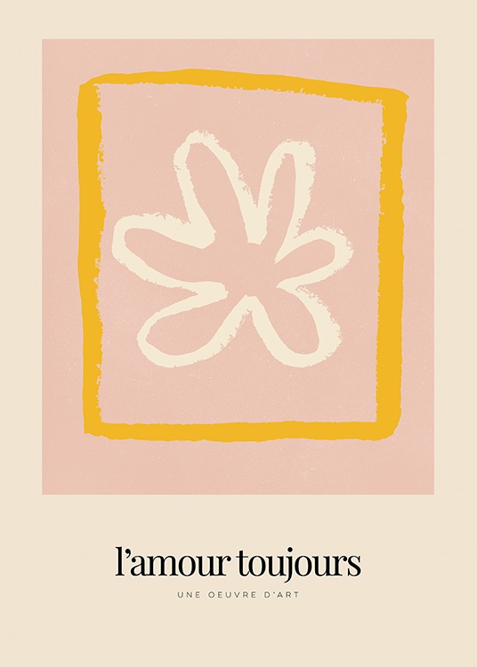  – Illustration with a white flower inside an orange square on a pink and beige background with text underneath