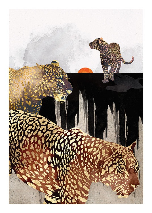  – Graphic illustration of three leopards in black and gold, with a black and grey background